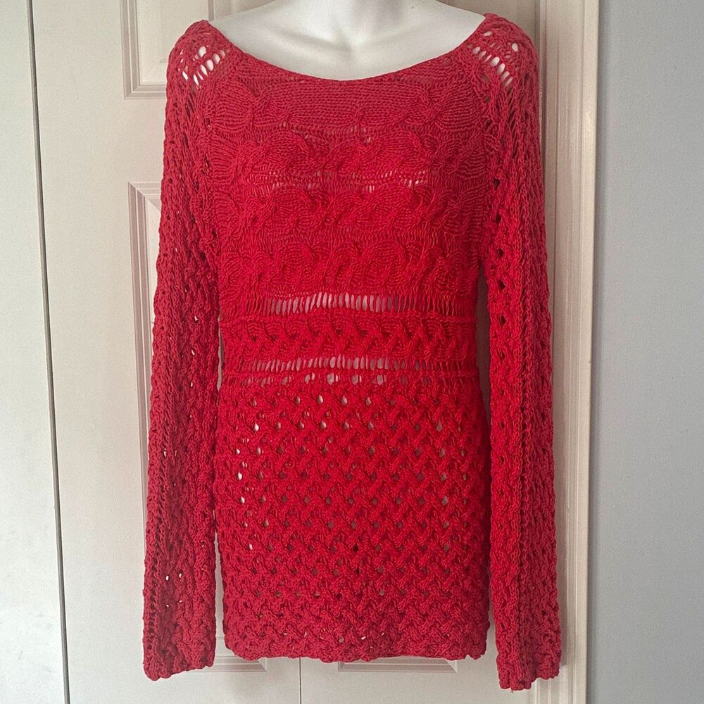 Boston Proper Women's Red Open-Knit Boat Neck Lightweight Pullover Sweater S